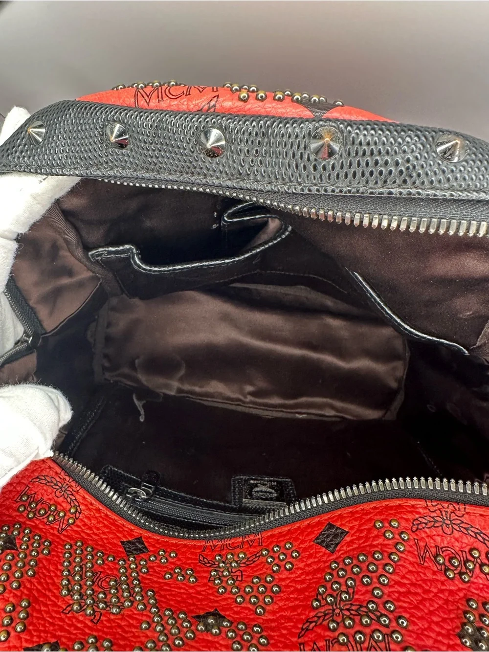 MCM Stark Red Leather Studded Backpack with Black Trim